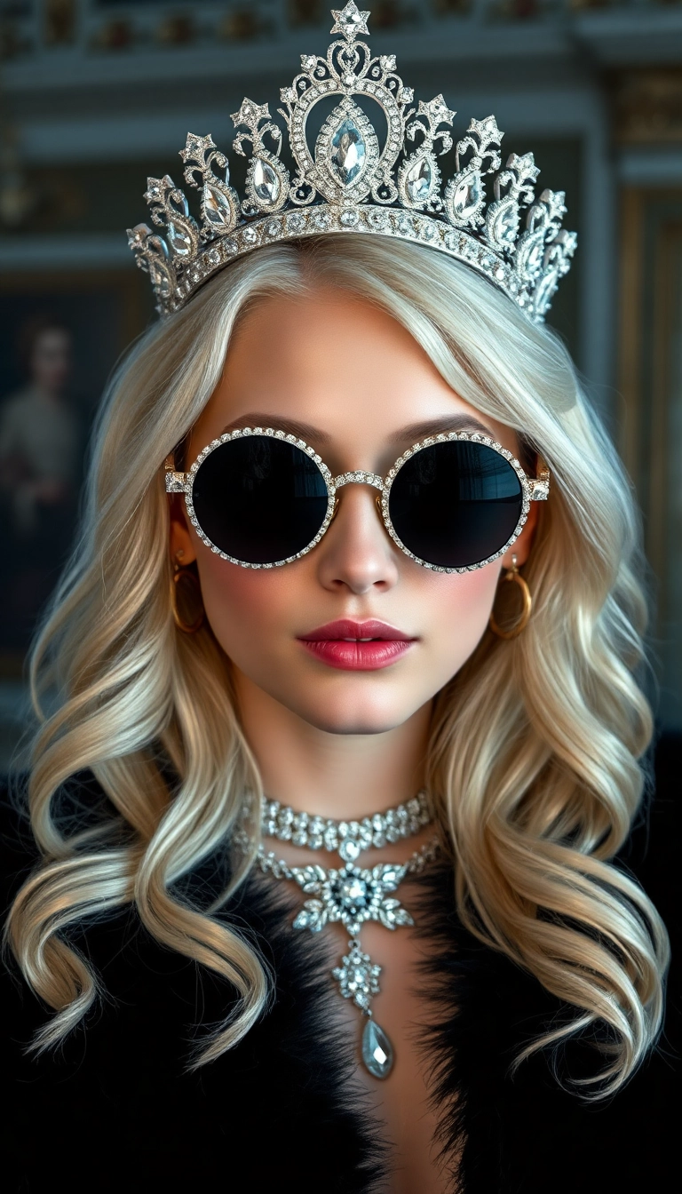 iPhone AI Young Platinum Blonde Queen in Black Fur Professional Background
